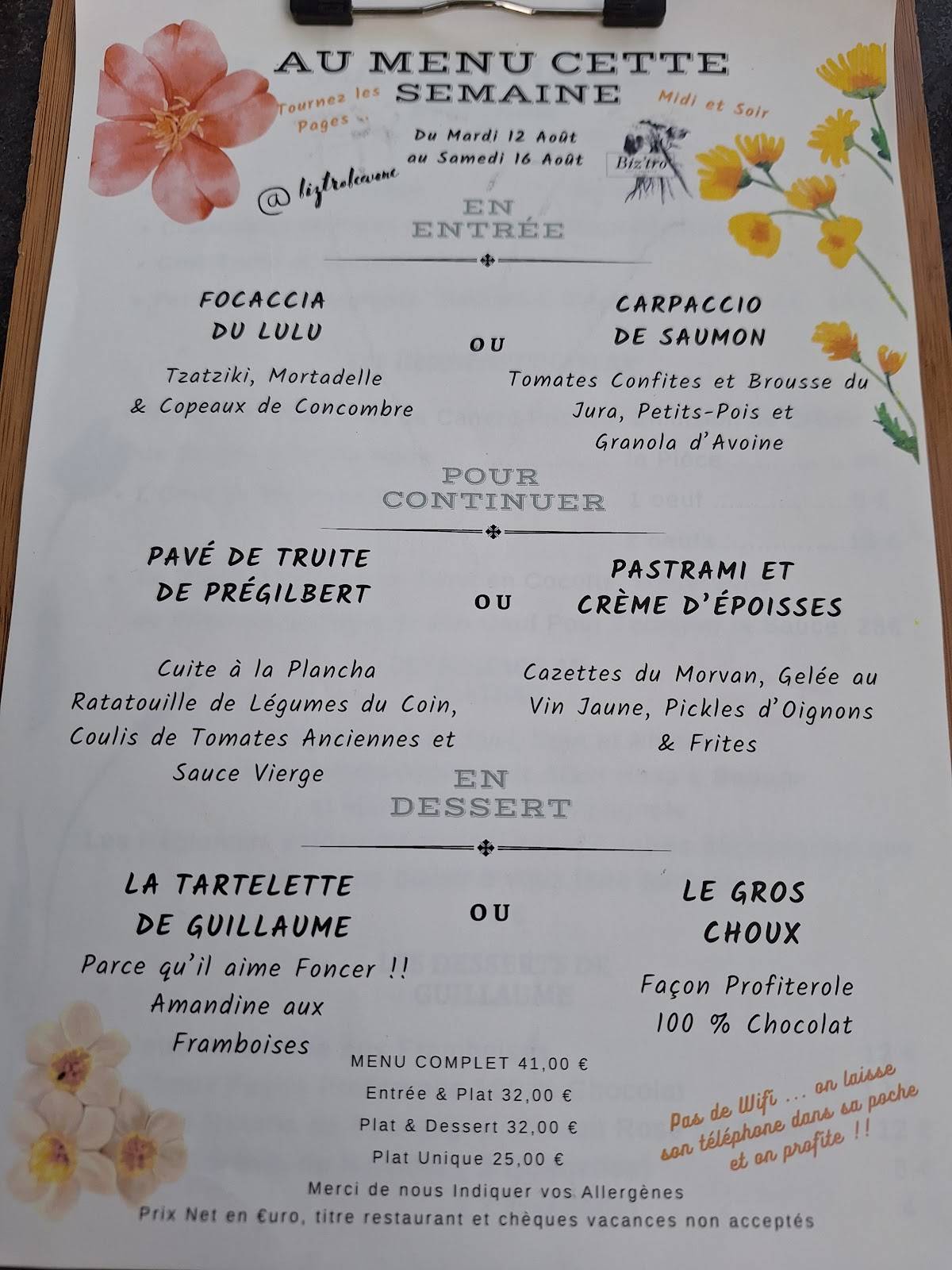 Menu de Biz'tro "Chic & Gourmand"