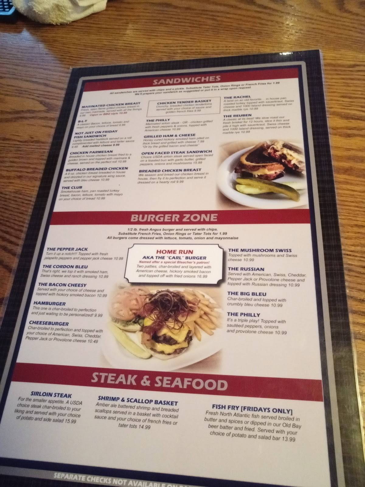 Menu at Bleachers Sports Bar and Grill, Watkins Glen