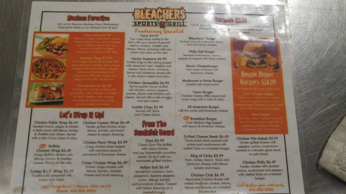 Menu at Bleachers Sports Grill pub & bar, Parma