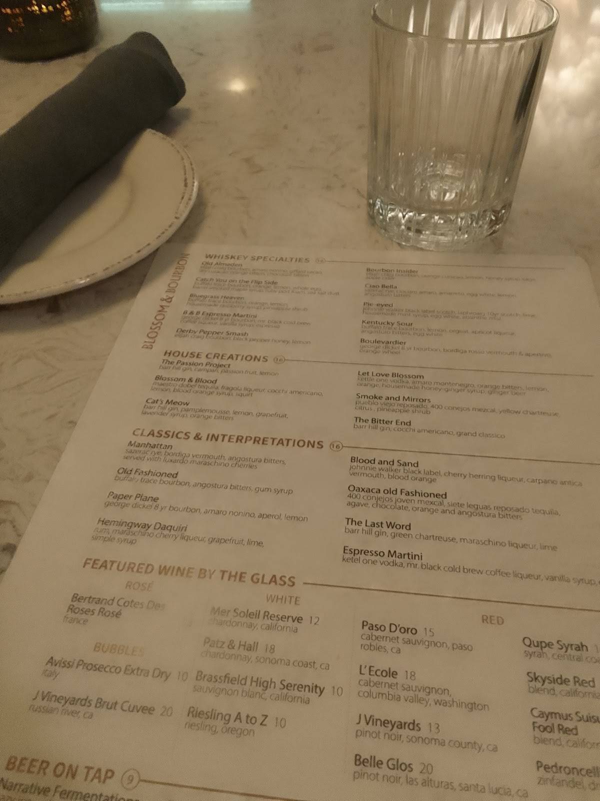 Menu at Blossom & Bourbon Restaurant, San Jose