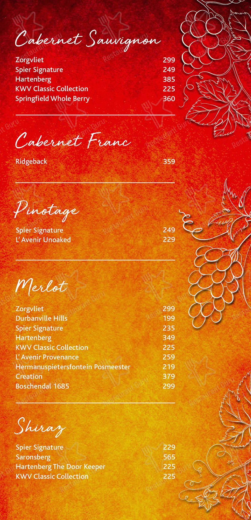 Menu at Blu Saffron restaurant, Pretoria