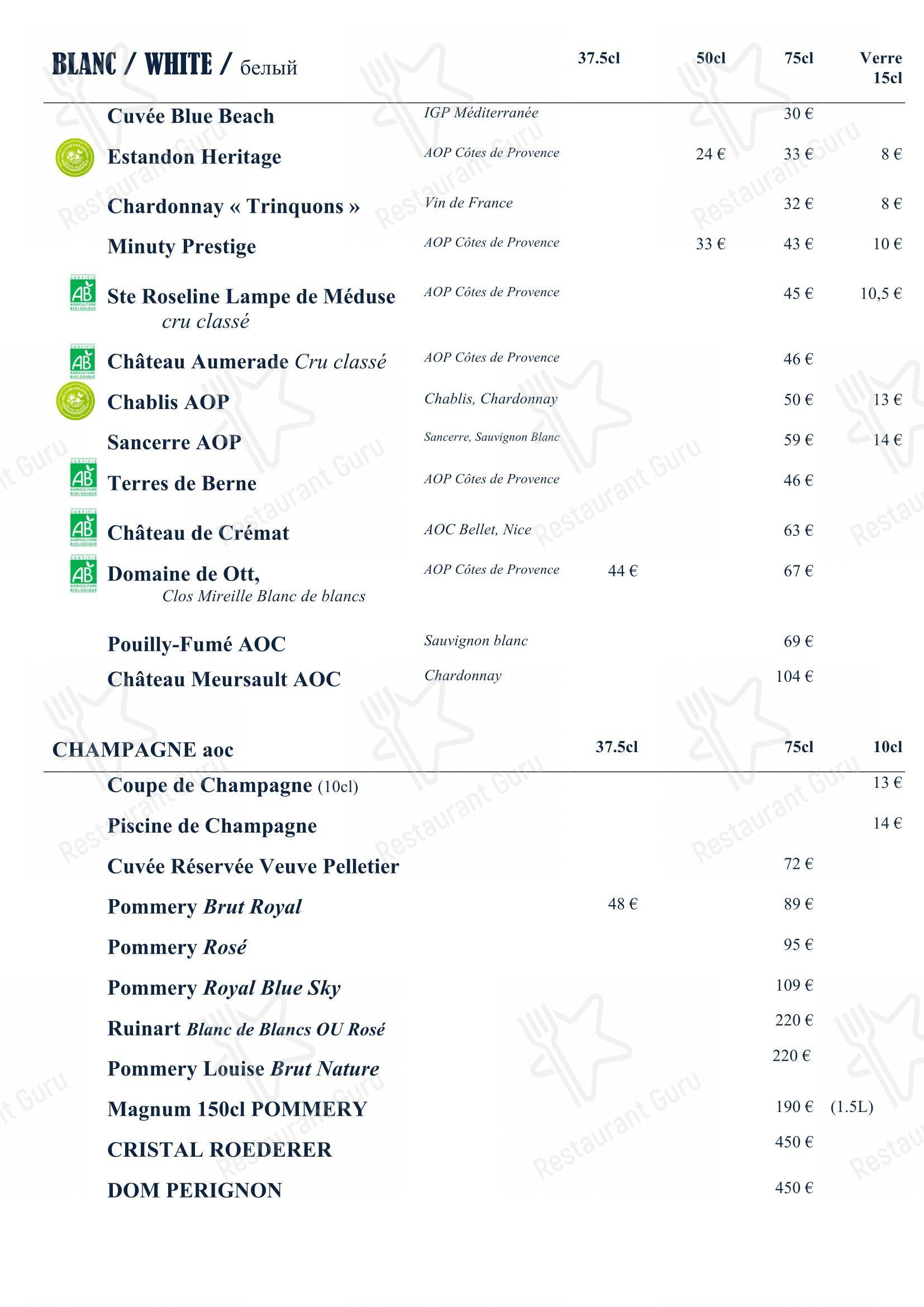 Menu pour Blue Beach - Menu