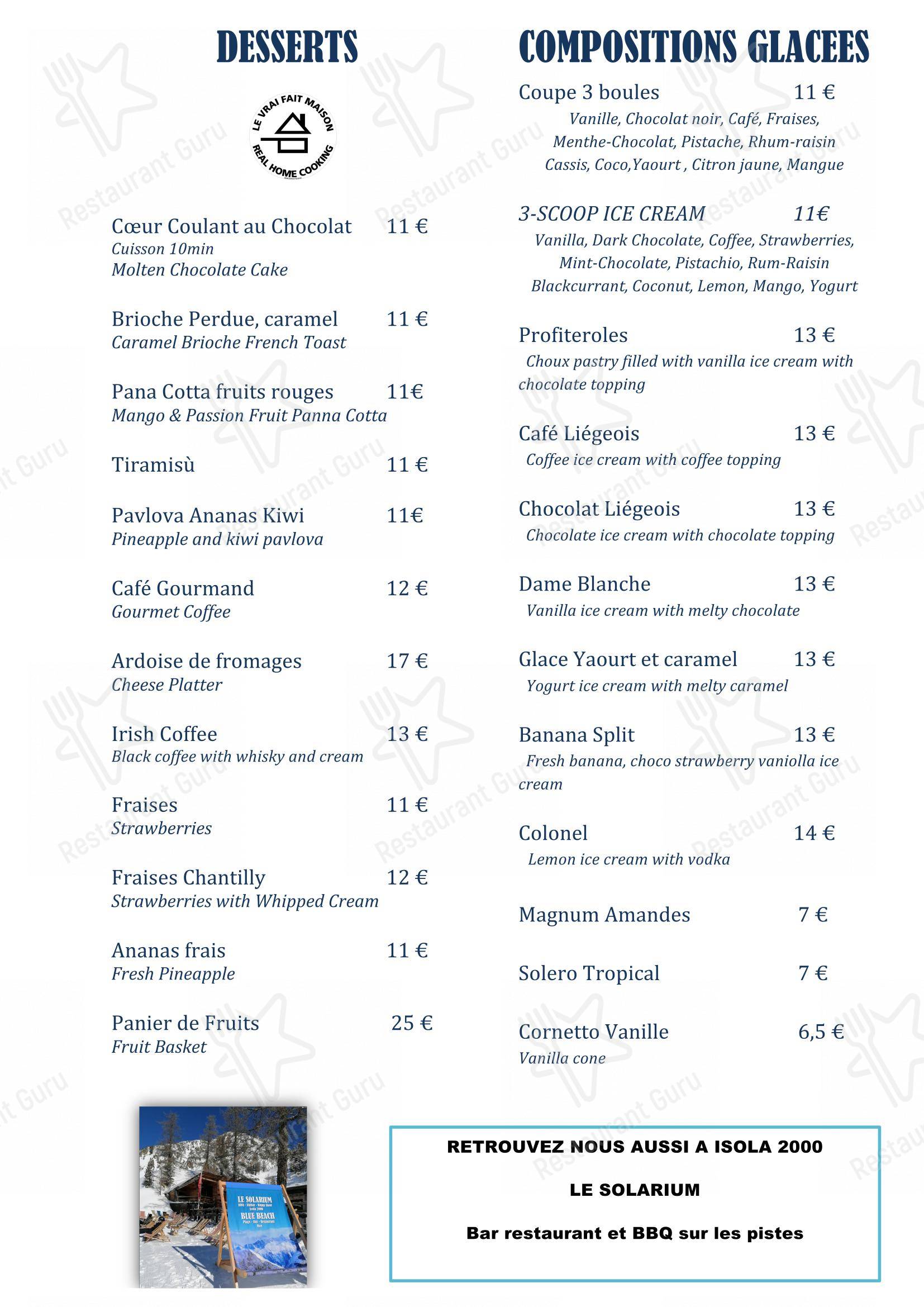 Menu pour Blue Beach - Menu