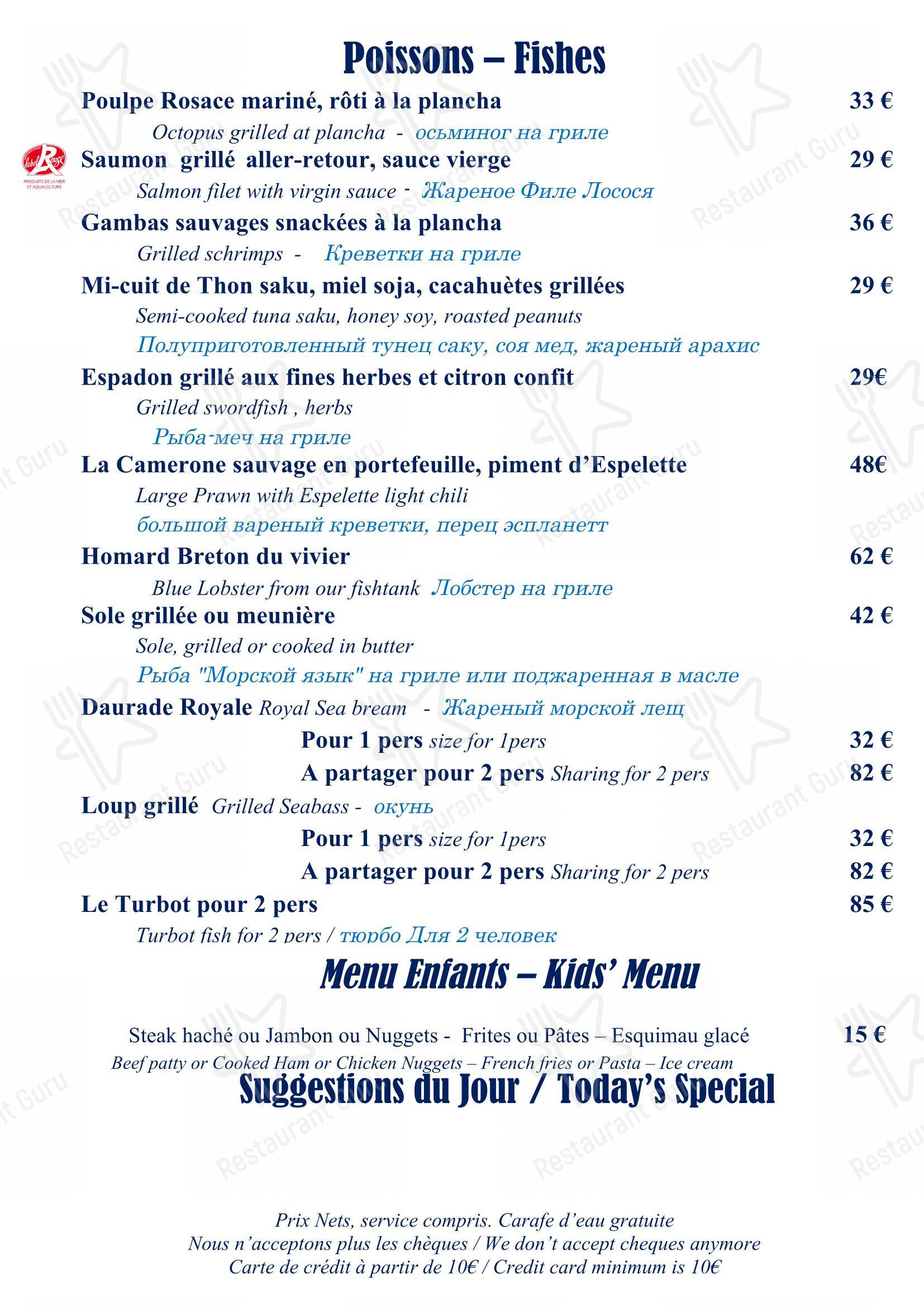 Menu pour Blue Beach dans Nice