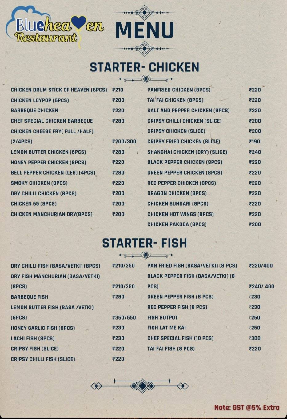 Blue Heaven Restaurant menu