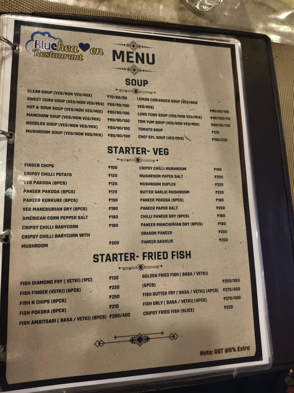 Blue Heaven Restaurant menu