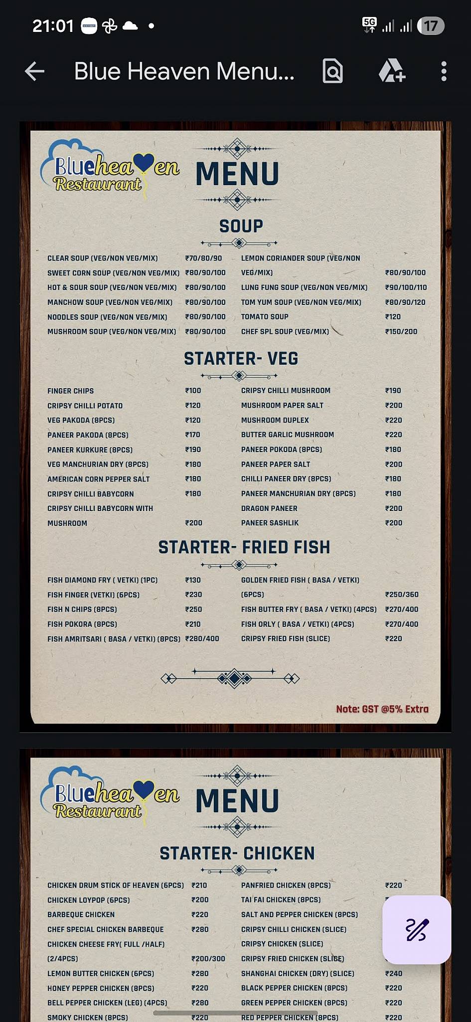 Blue Heaven Restaurant menu