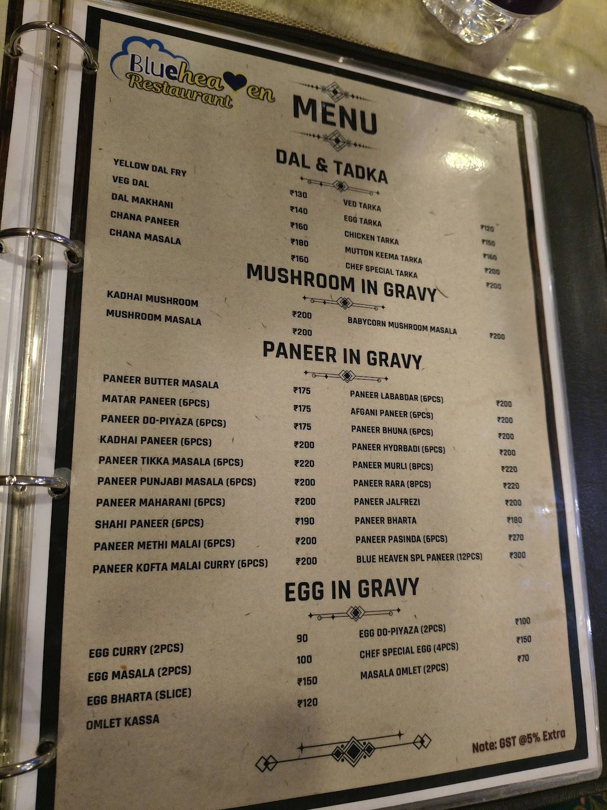 Blue Heaven Restaurant menu