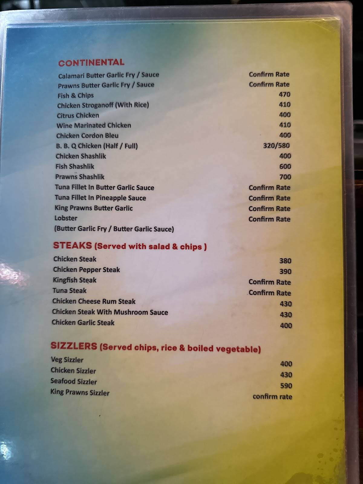 Blue Sea view menu