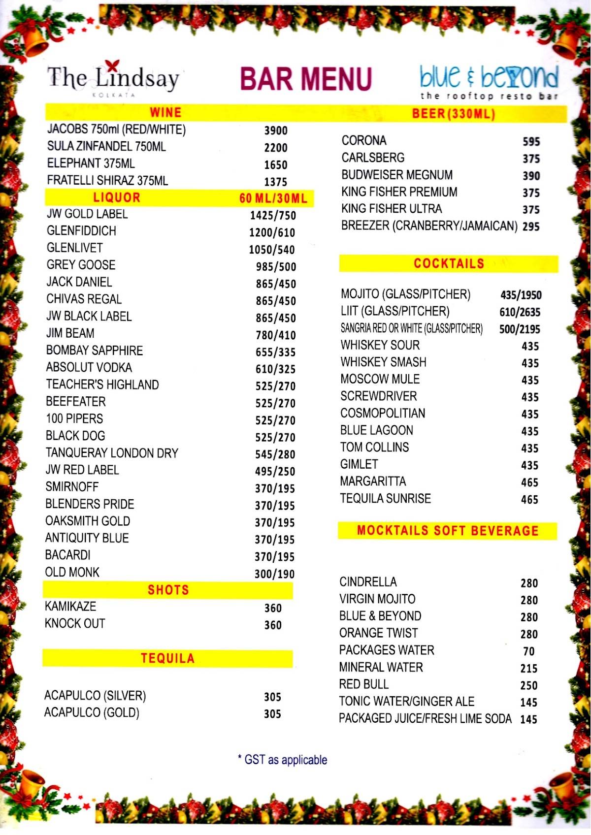 Blue & Beyond Terrace RestoBar menu