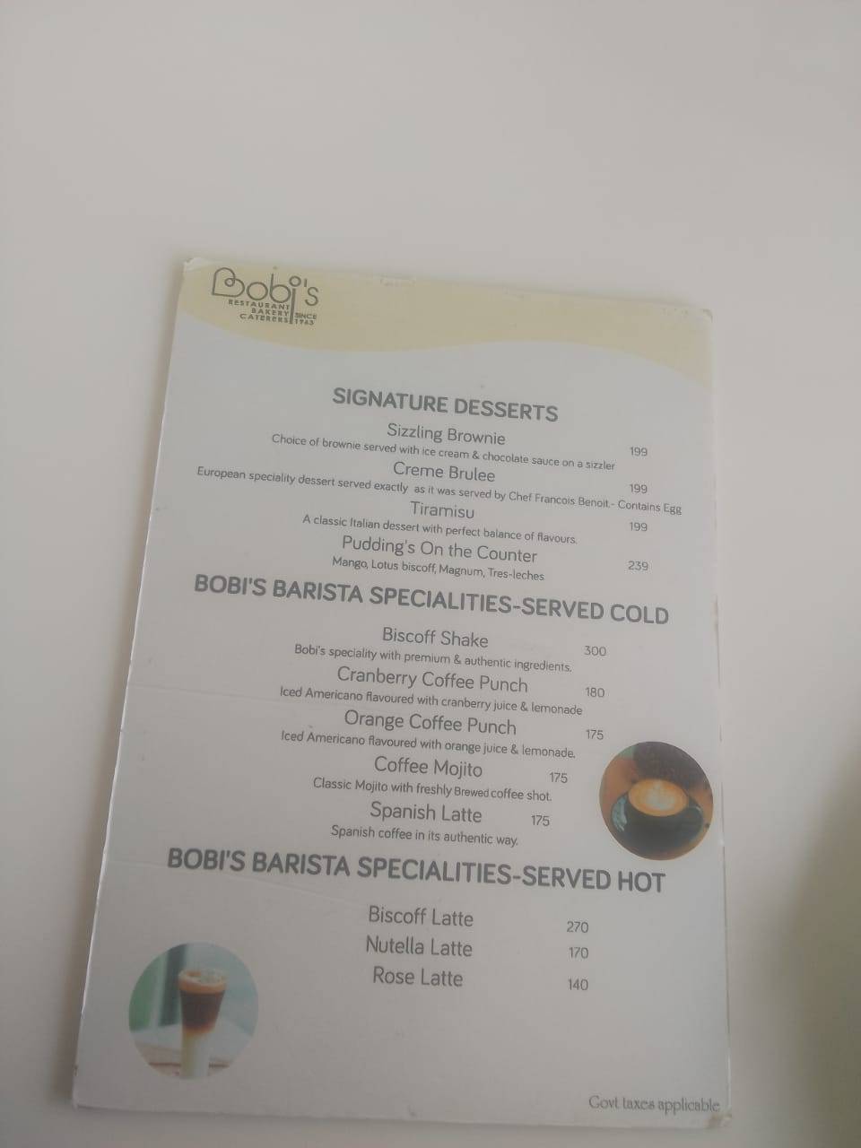 Bobis Restaurant & Bakery, Since 1963 menu