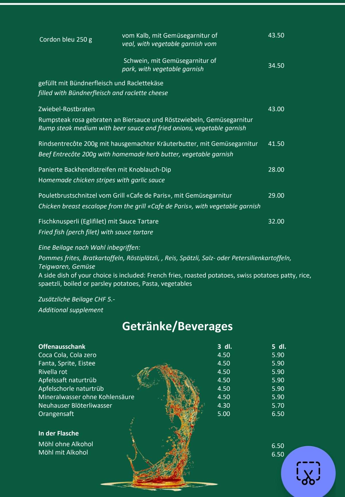 Menu di Brauhaus Chuebelimoser 