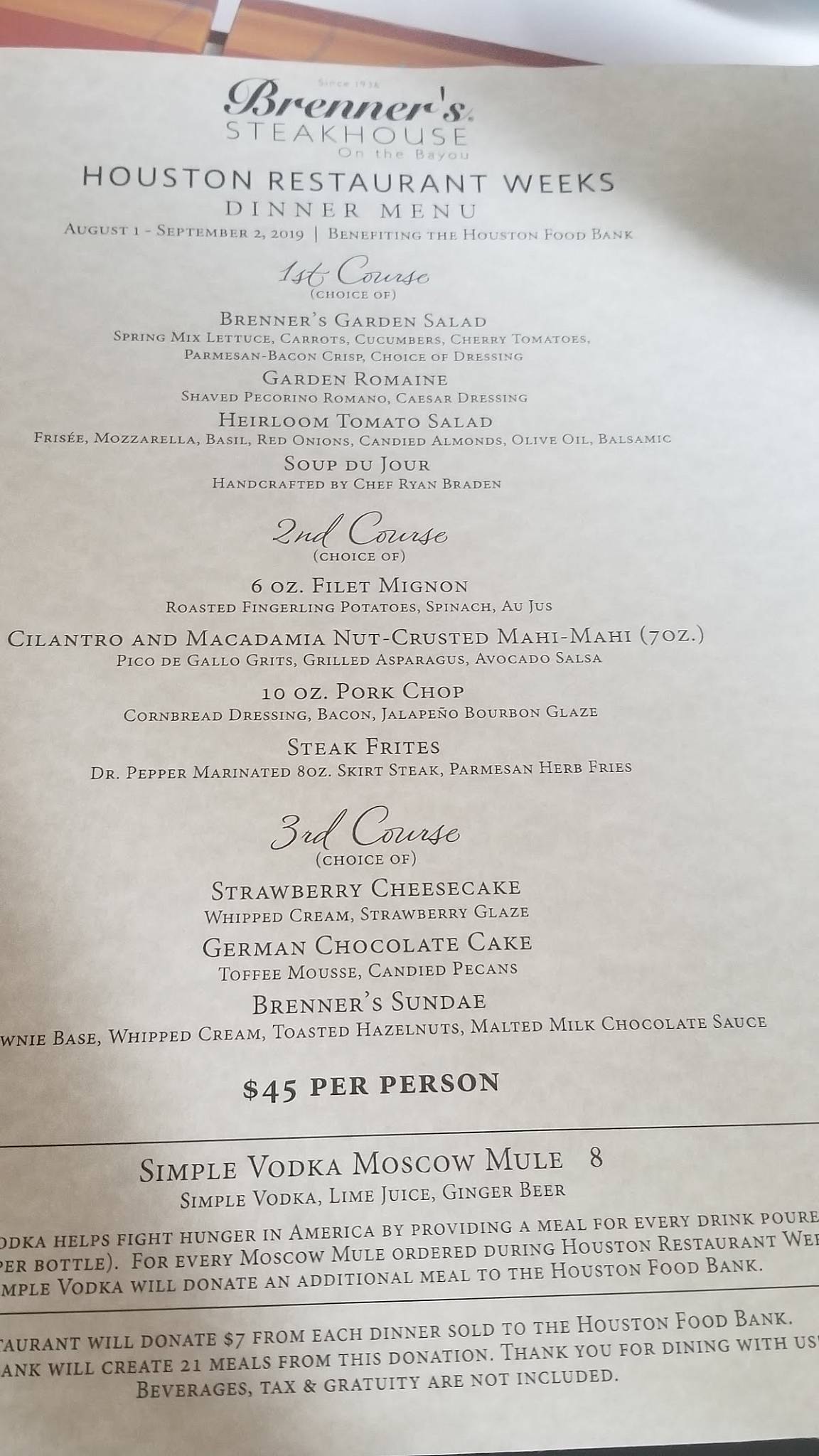 Menu at Brenner's on the Bayou steakhouse, Houston, 1 Birdsall St