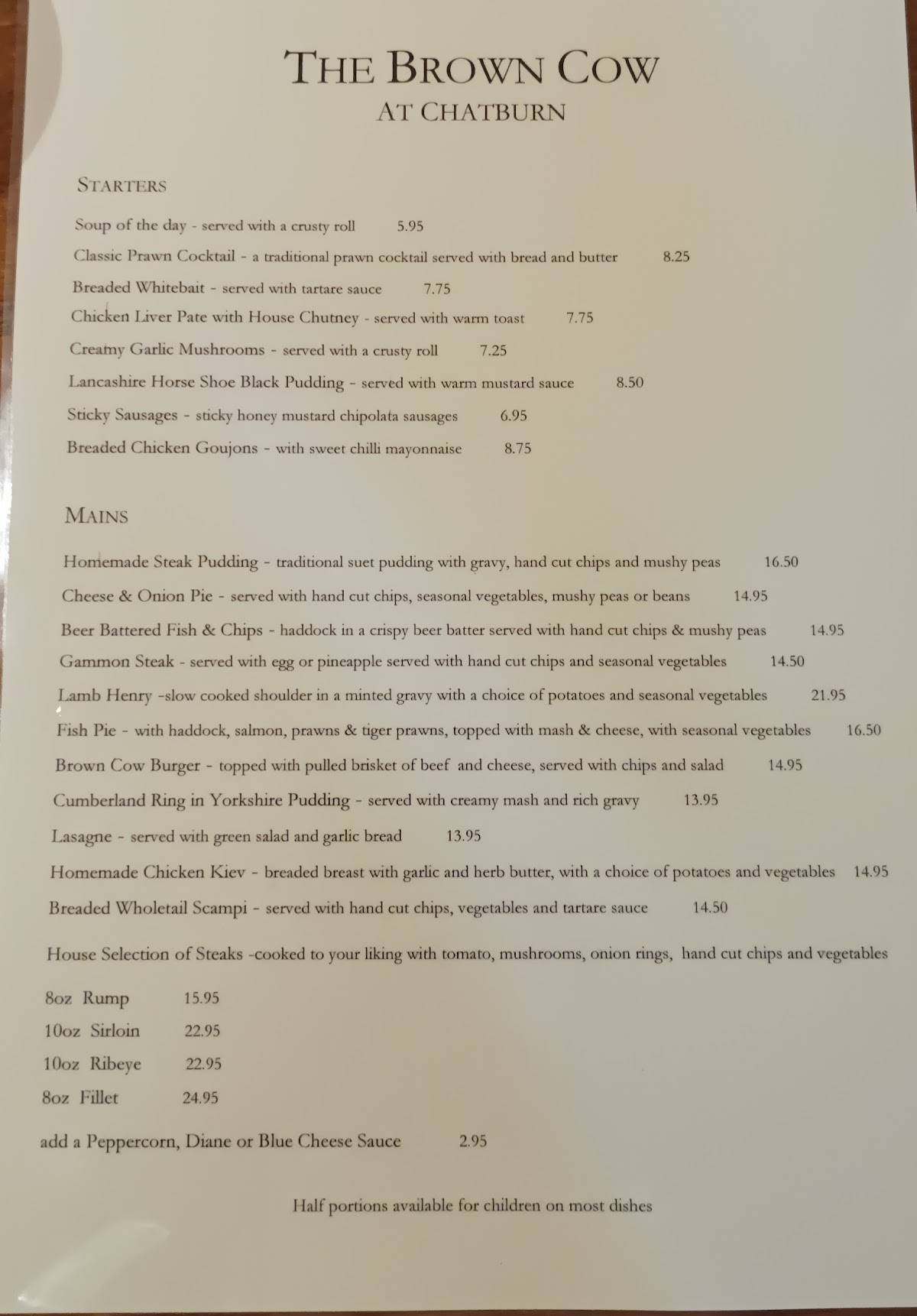 Menu at Brown Cow pub & bar, Clitheroe, Bridge Rd