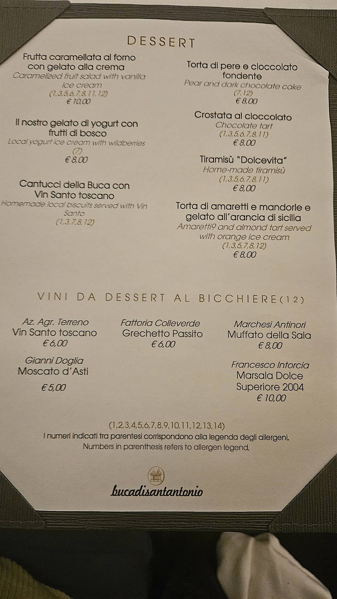 Menu di Buca di Sant'Antonio 