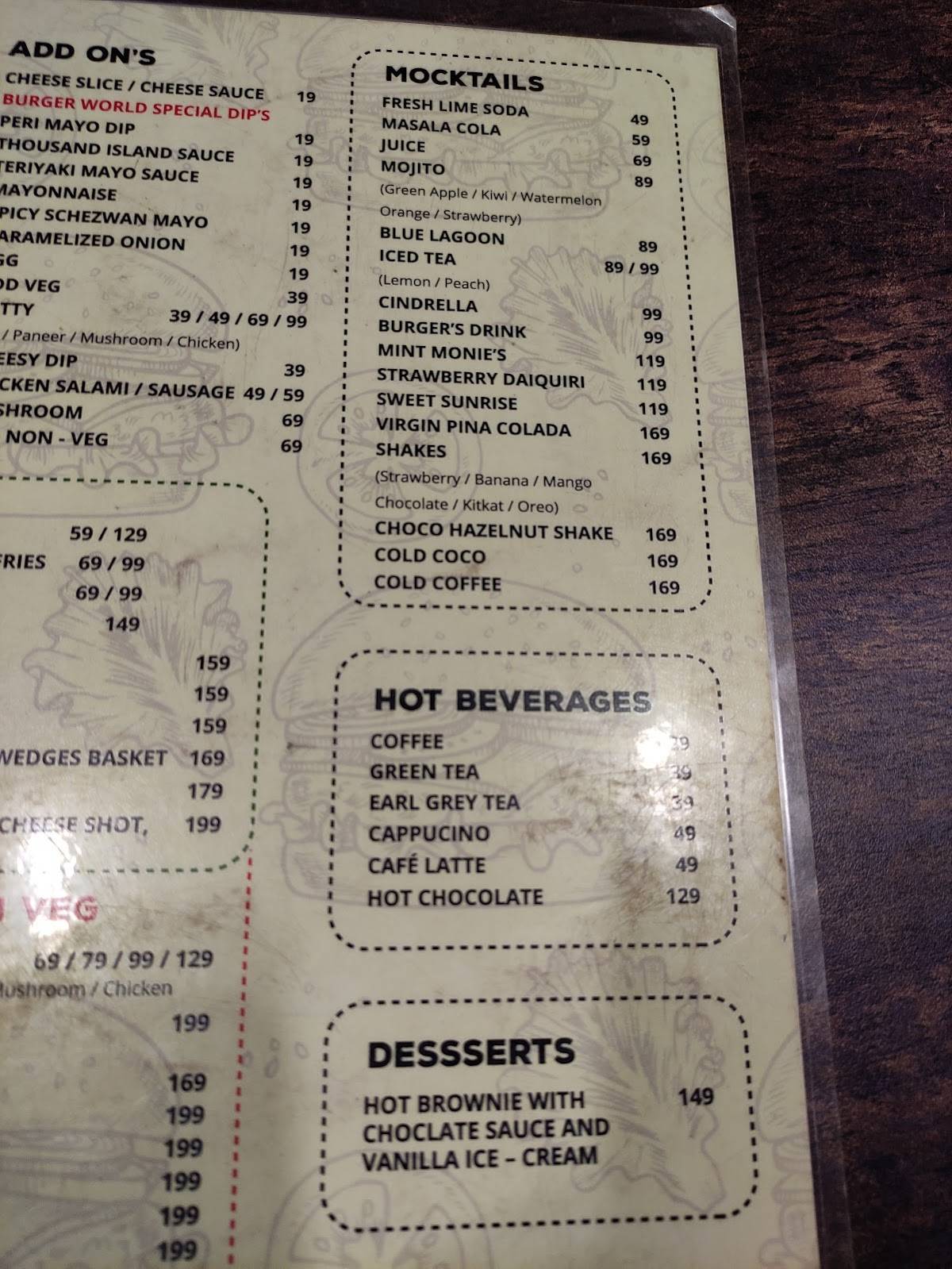 Burger World menu