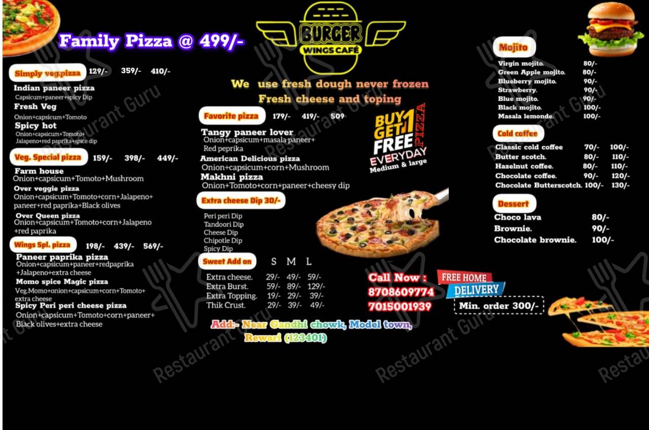 Menu for the Burger wings cafe restaurant