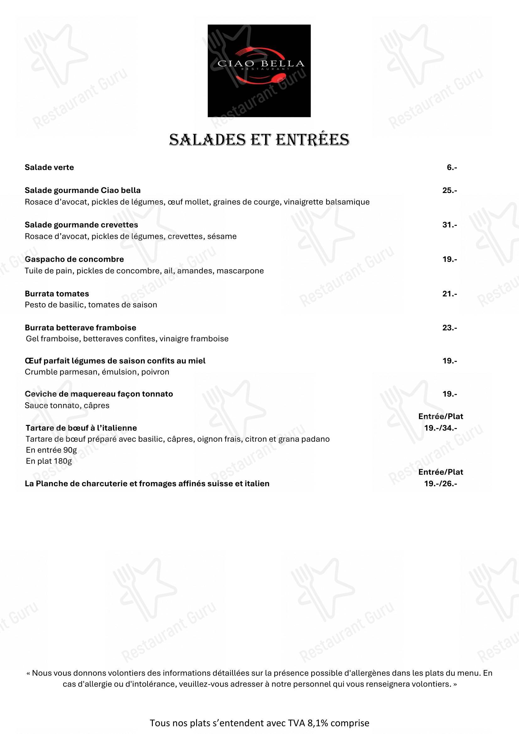 Menu bar per CIAO BELLA ristorante