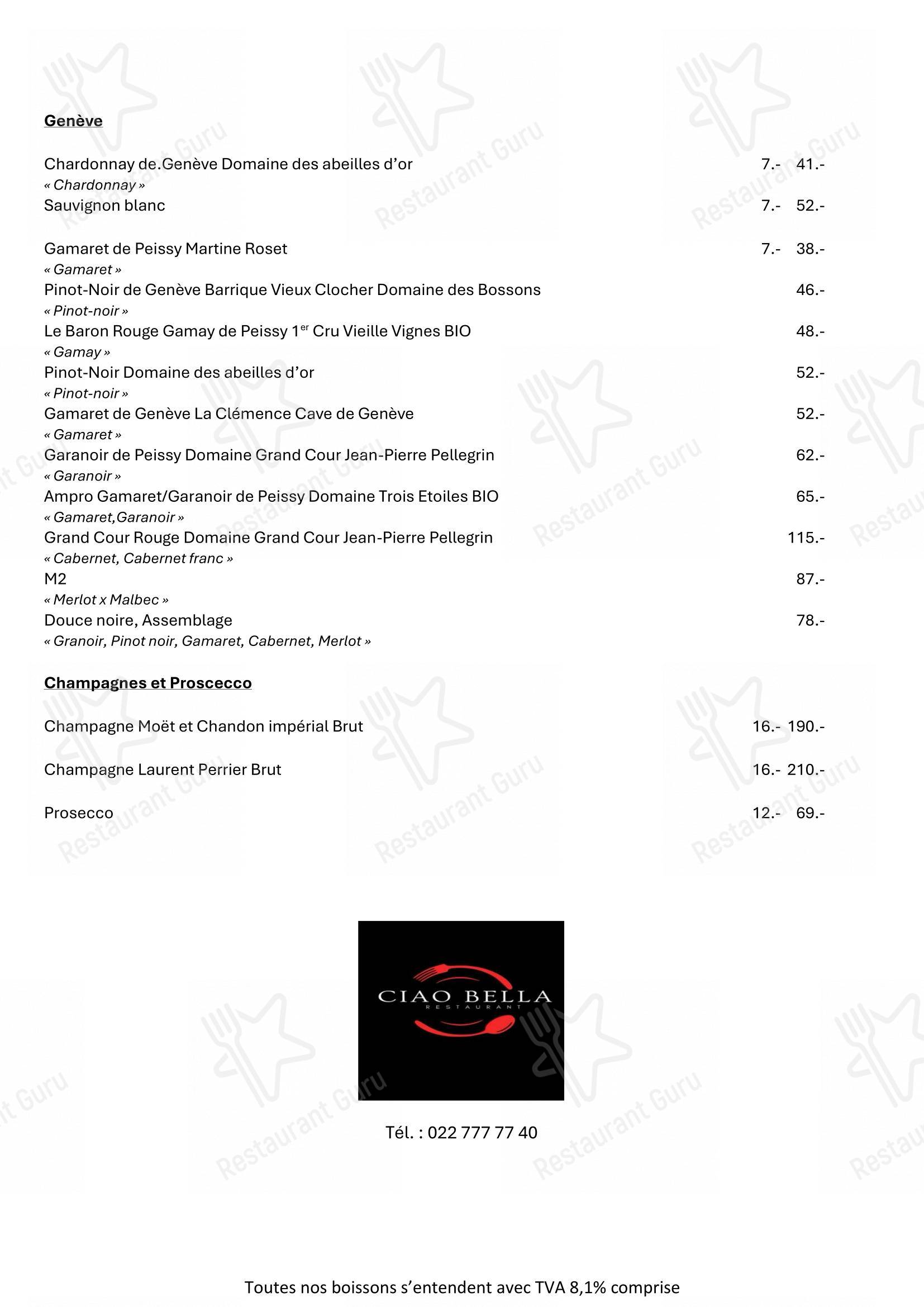 CIAO BELLA in Meyrin - Menu bar