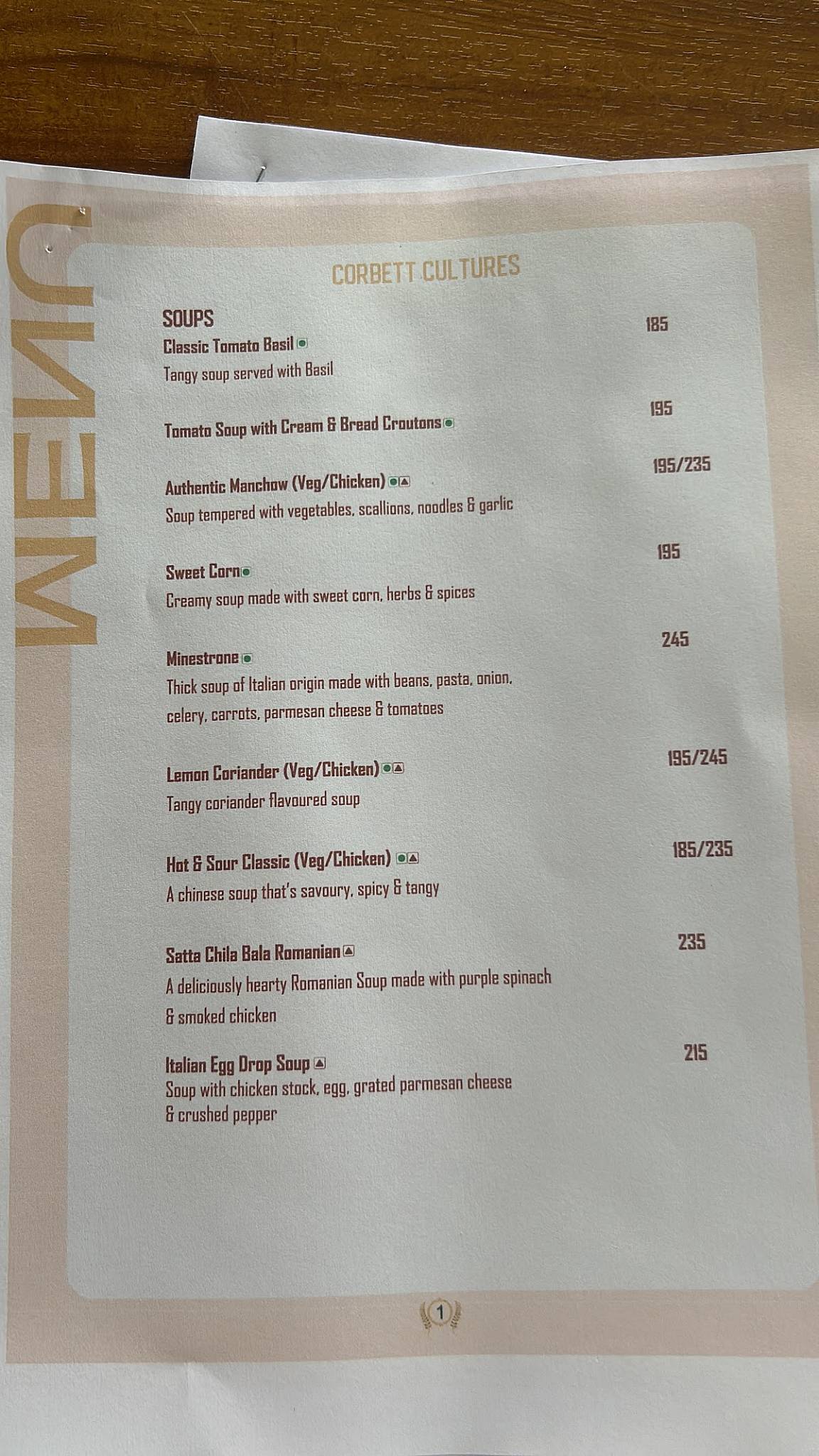 Corbett Cultures menu