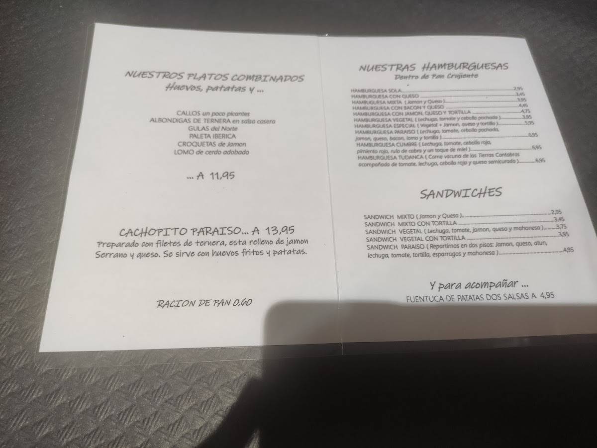 Carta del restaurante El Paraíso, Cabezón del la Sal