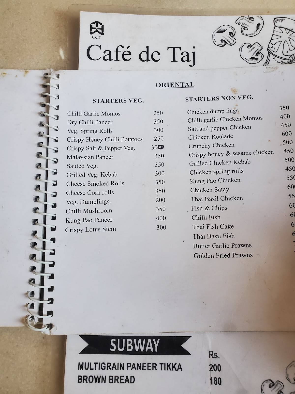 Menu at Café De Taj, Saharanpur