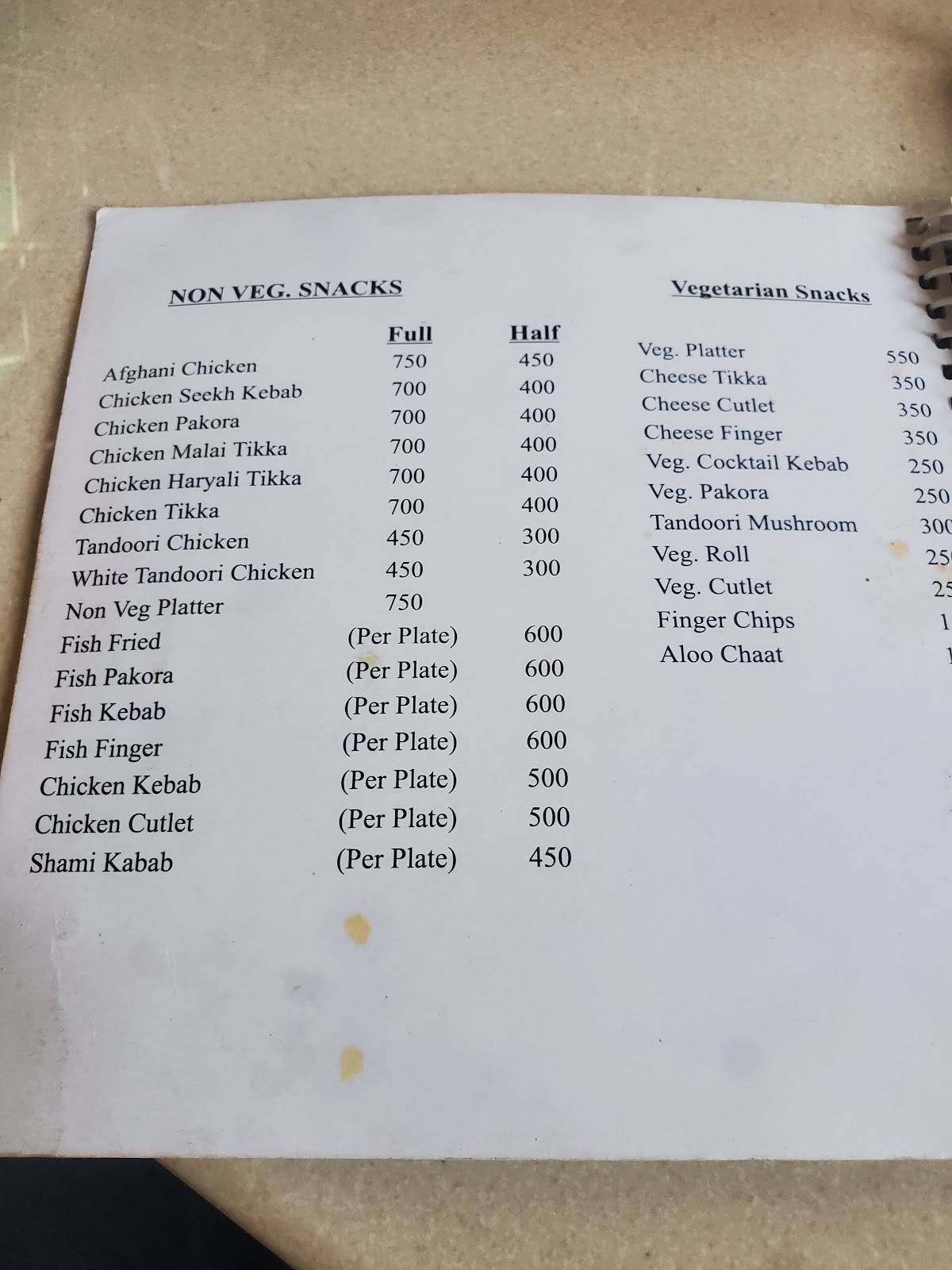 Menu at Café De Taj, Saharanpur