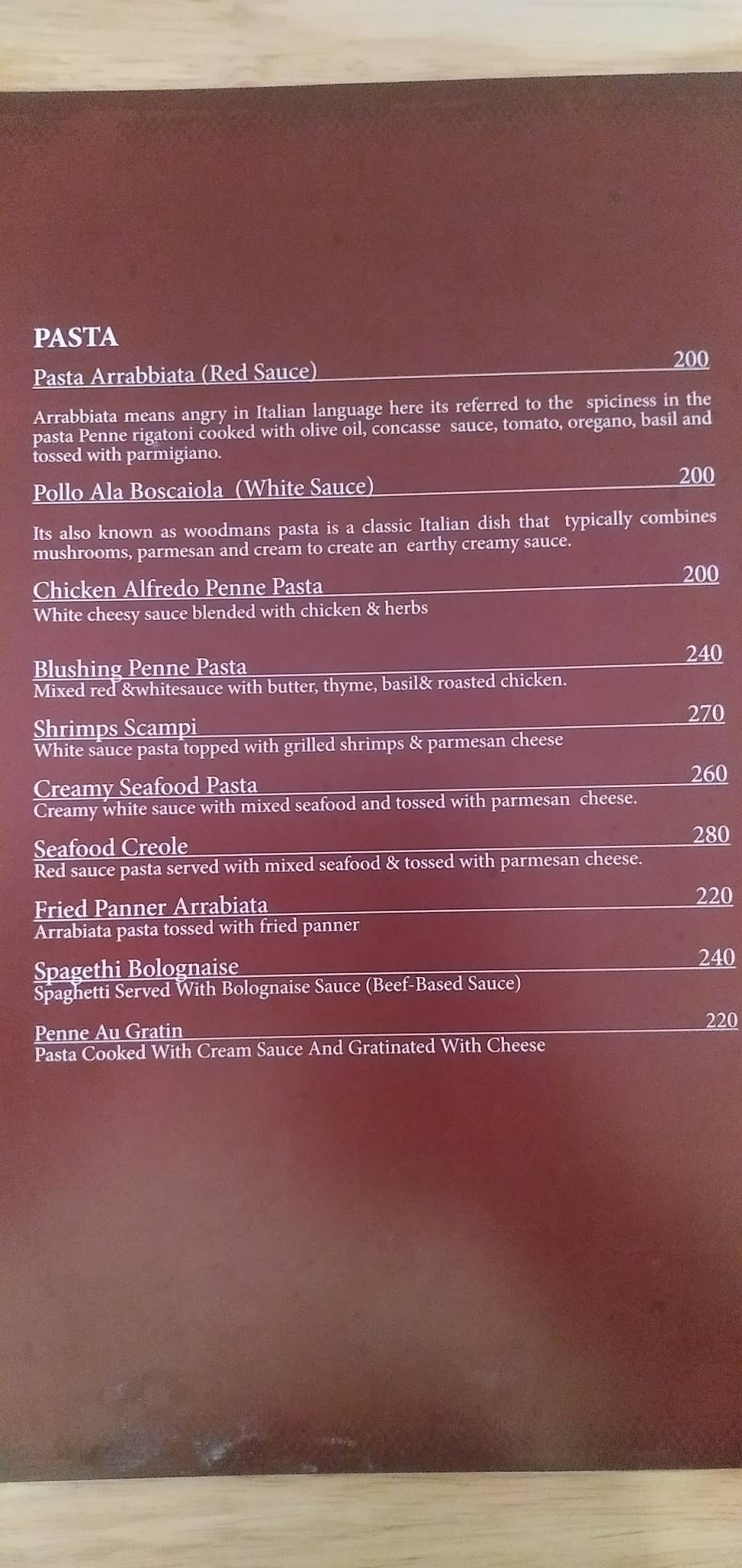 Cafe Al Bacio menu