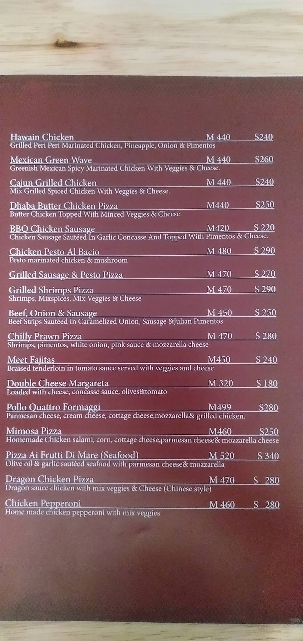 Cafe Al Bacio menu