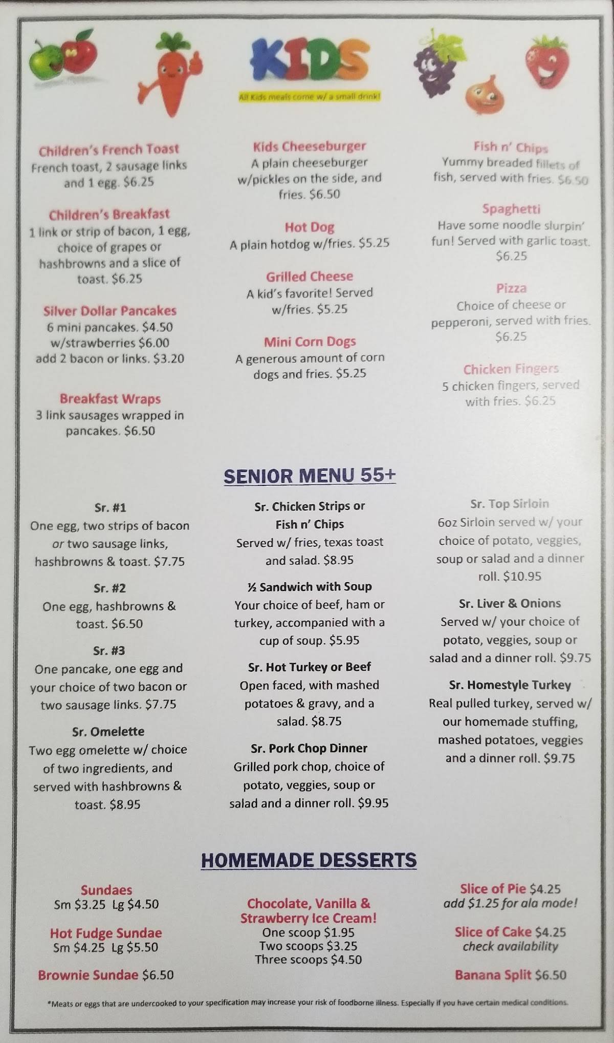 Menu at Bob's Cafe, Moses Lake