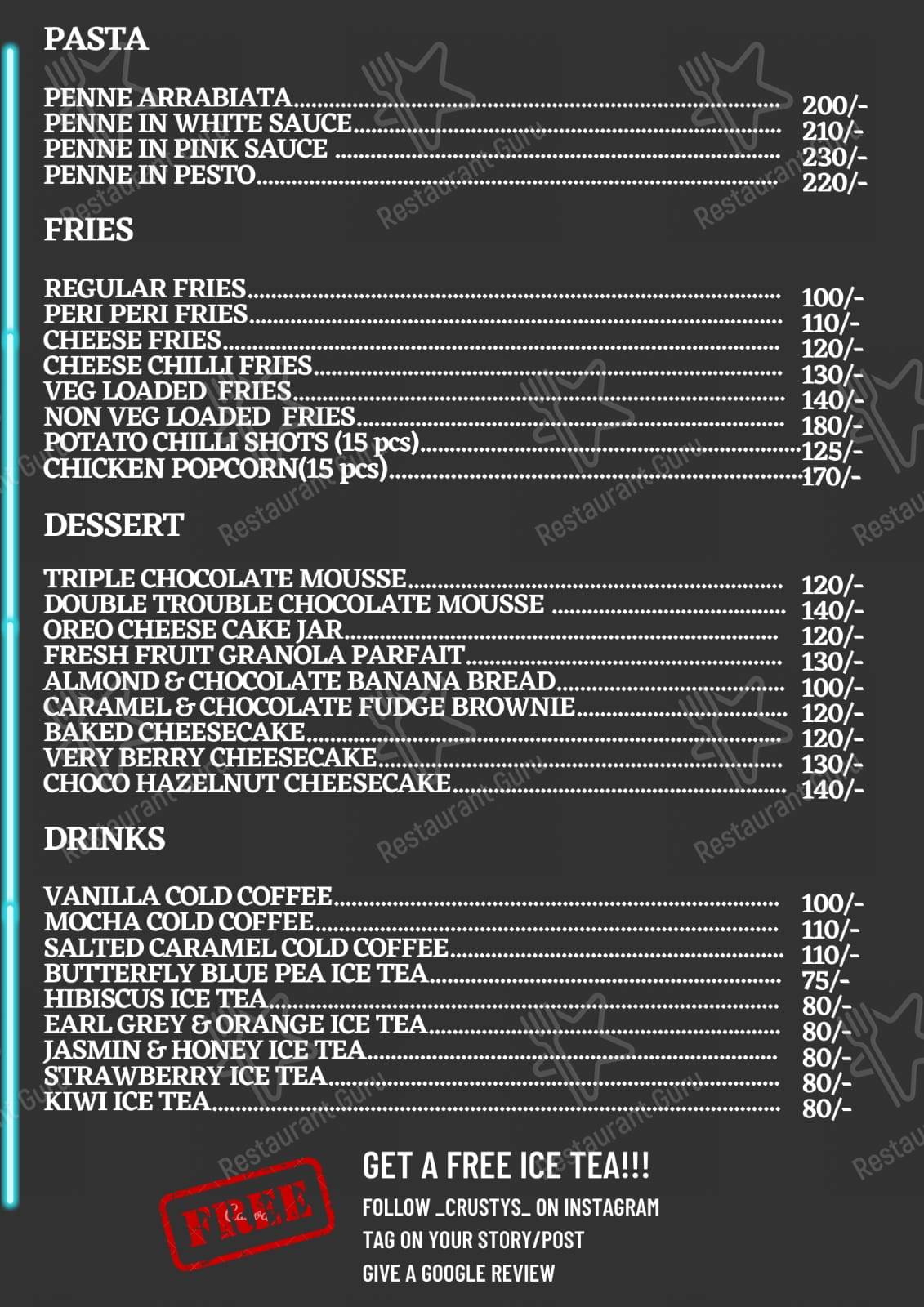 Menu for the Crusty's cafe