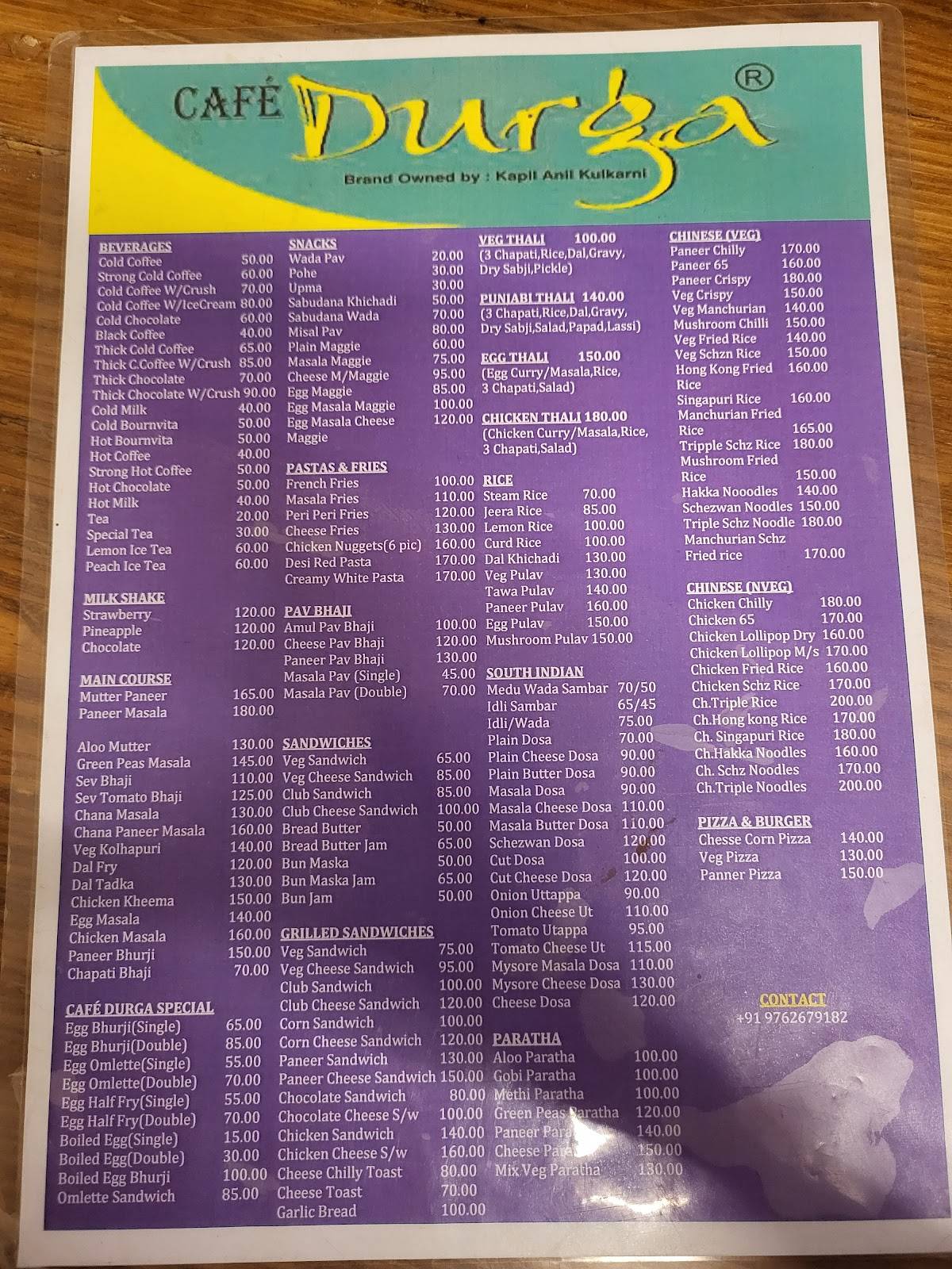 Cafe Durga - Law College Road menu