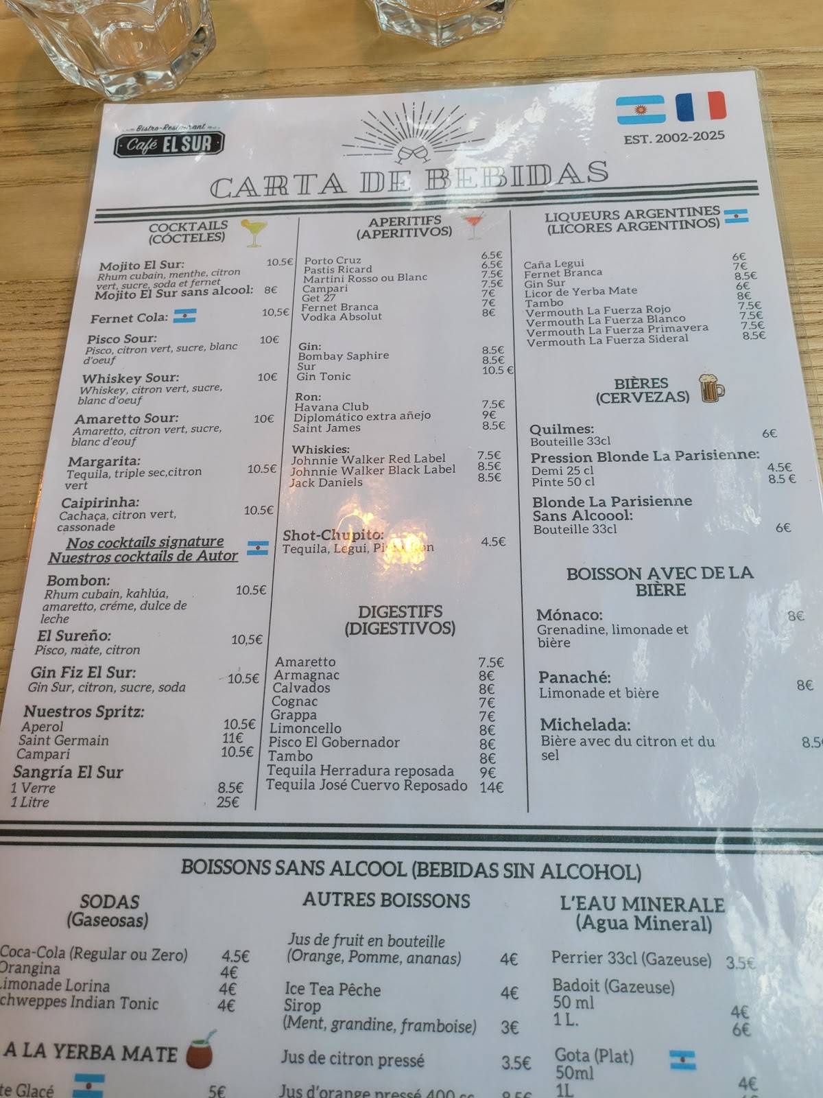 Menu de Café El Sur