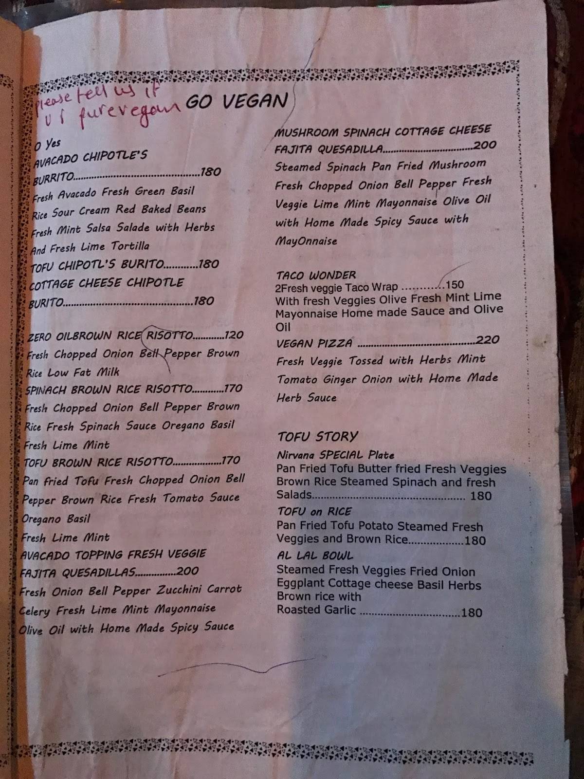 Cafe Nirvana menu