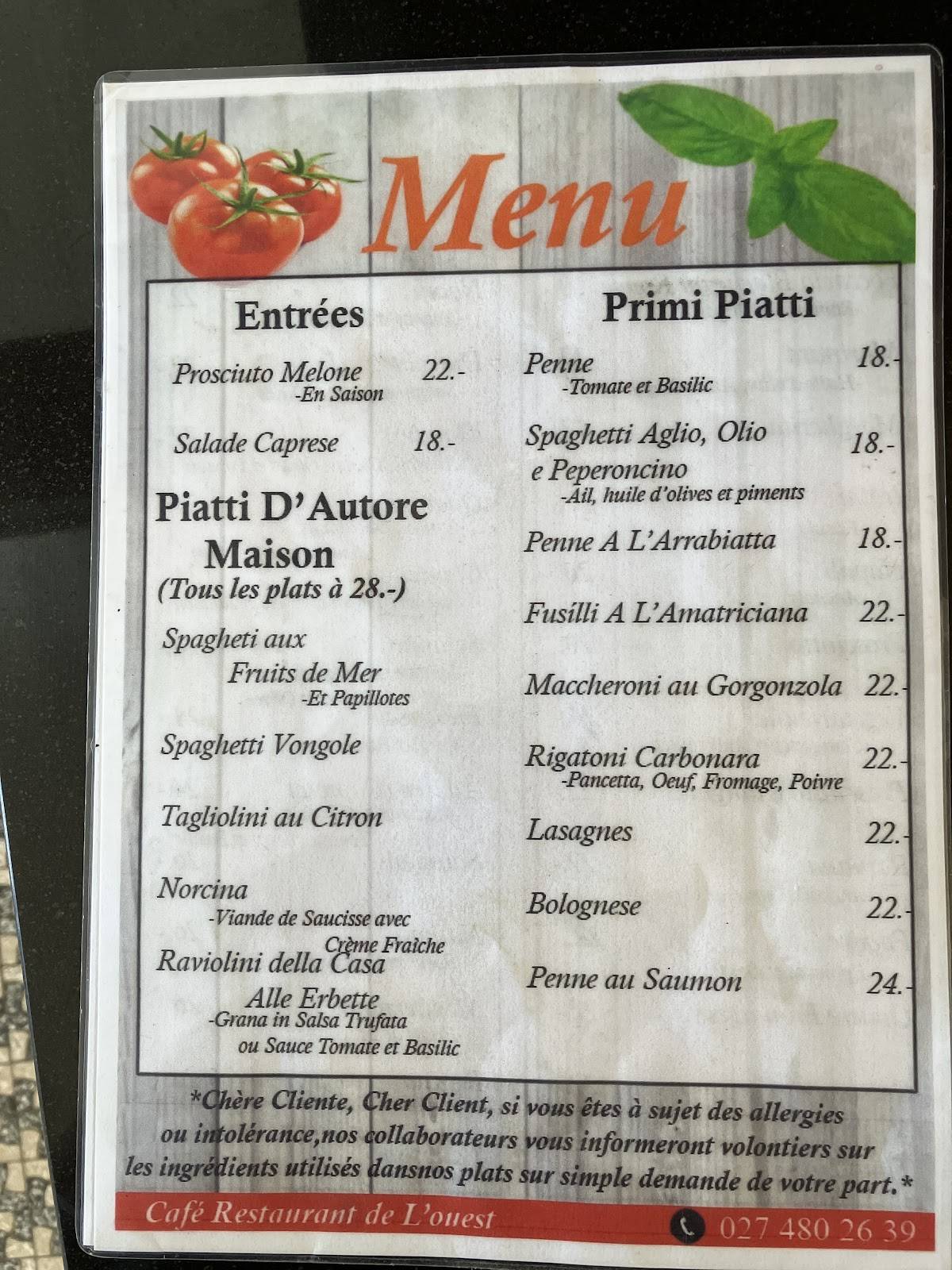 Menu di Café Pizzeria de l'Ouest 