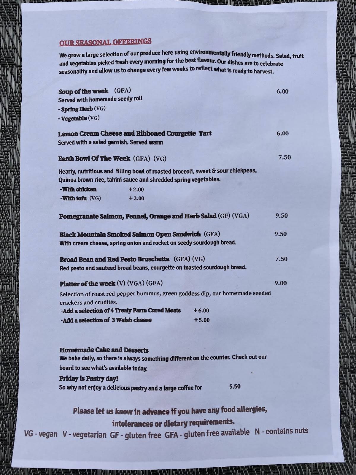 Menu At Red Onion Garden Cafe Fishguard Glasfryn Farm