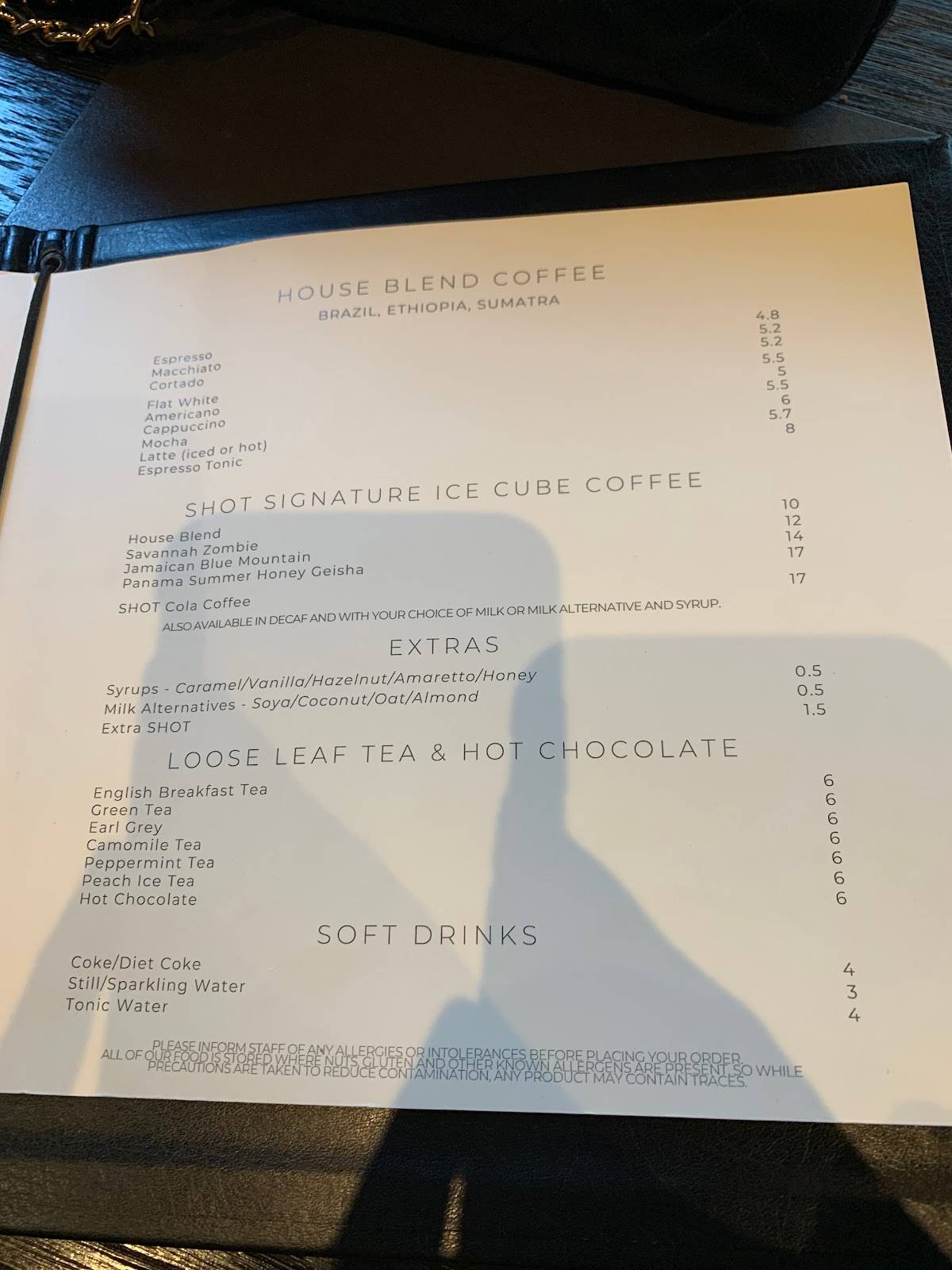 Menu at SHOT London Mayfair cafe, London, 10A Berkeley St