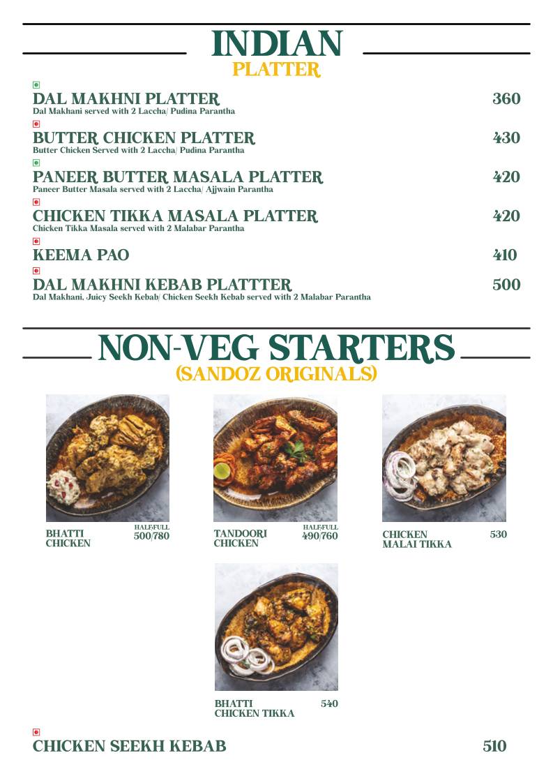 Cafe Sandoz - Vagator, Goa menu
