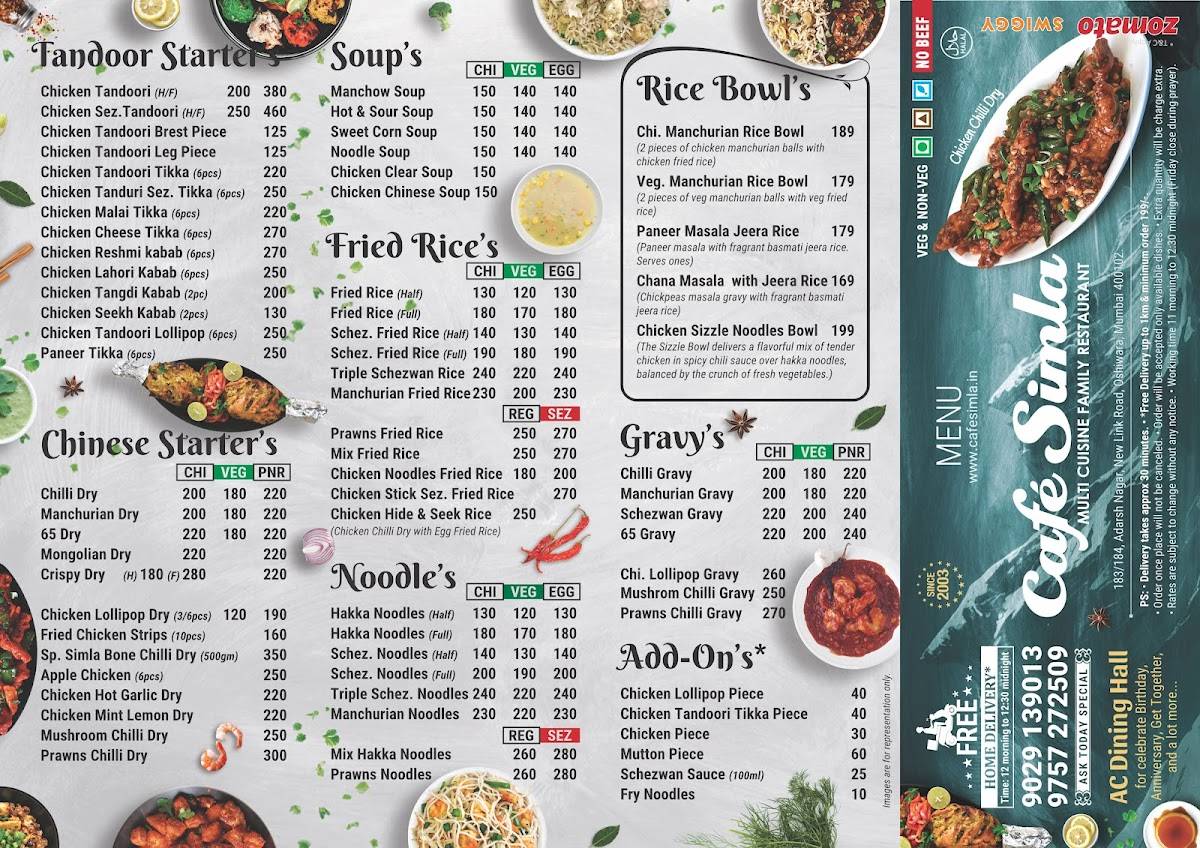 Cafe Simla Family Restaurant menu
