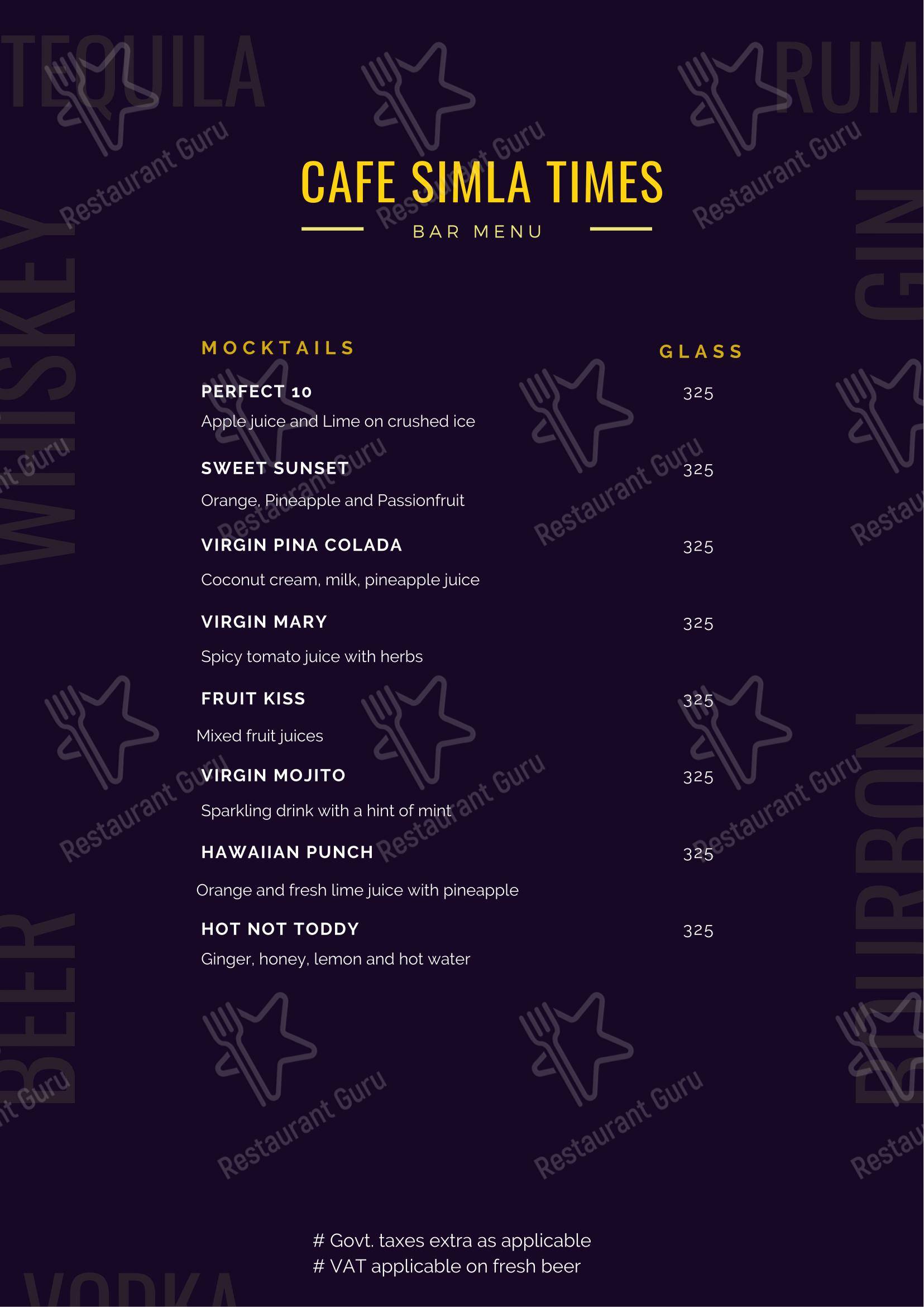 Cafe Simla Times : Cafe, Biergarten & Bar on the Mall Road Shimla ( Awarded Most Instagrammable Cafe of Himachal) - Menu