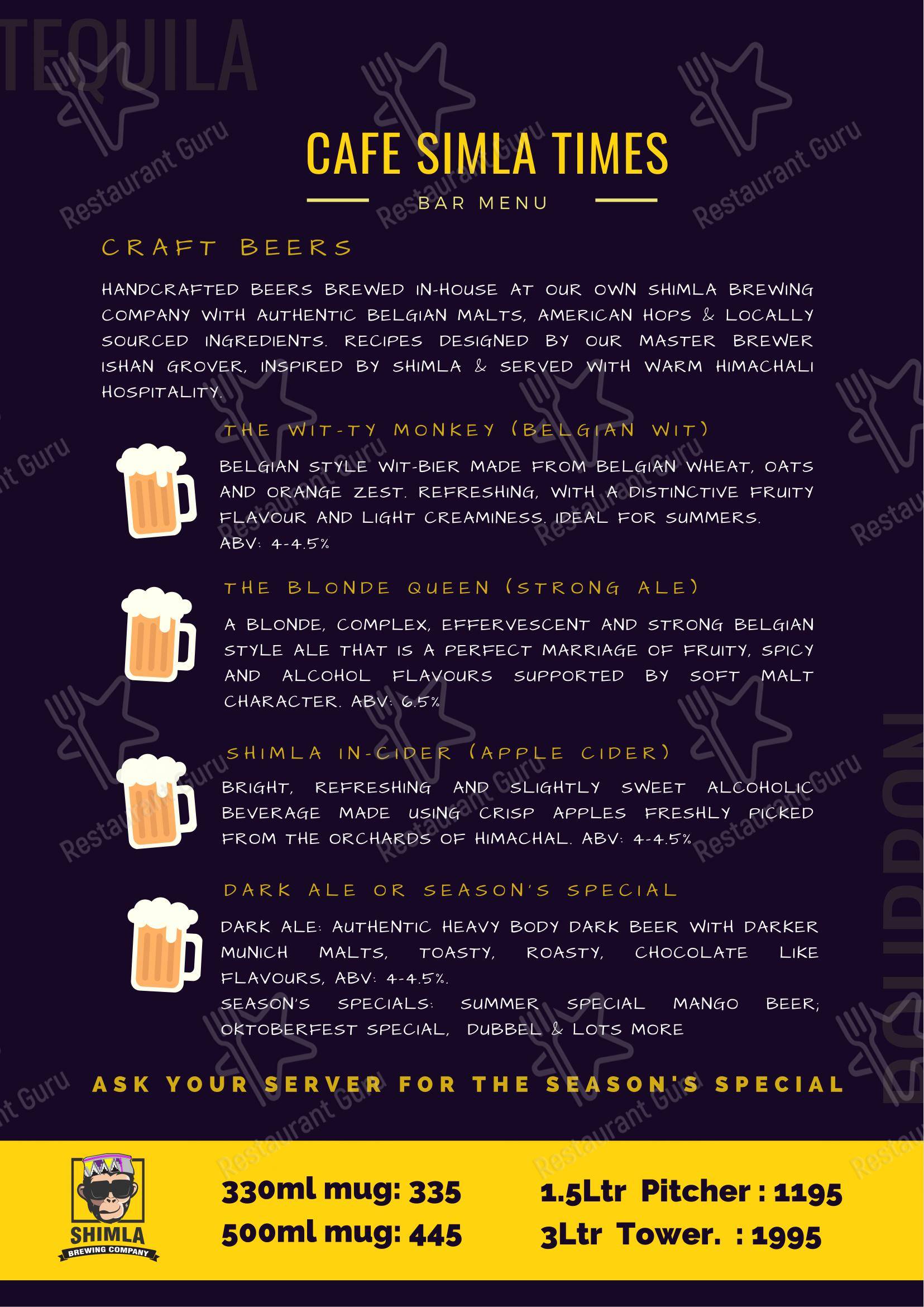 Menu for Cafe Simla Times : Cafe, Biergarten & Bar on the Mall Road Shimla ( Awarded Most Instagrammable Cafe of Himachal) in Shimla