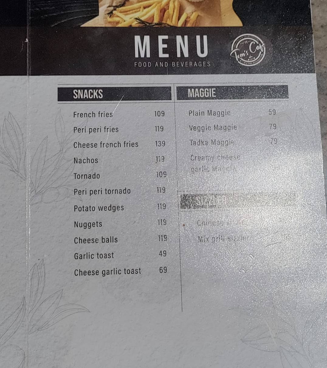 Tom's Cafe menu