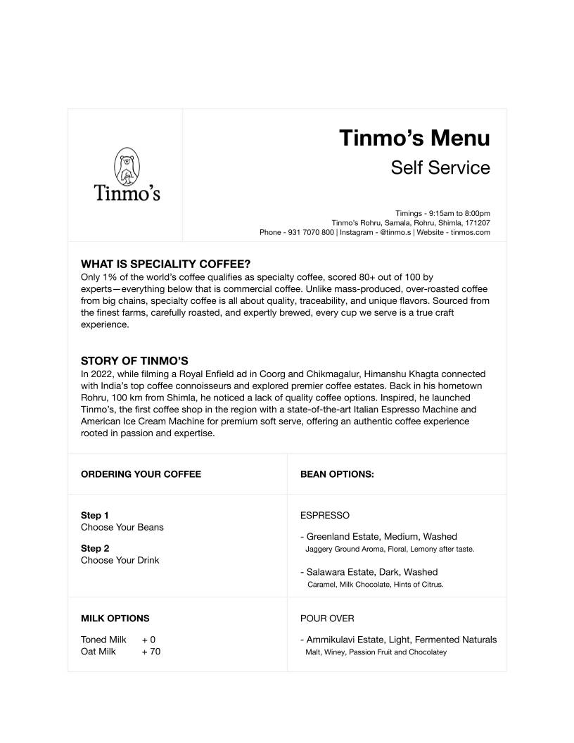 Tinmo's Coffee menu