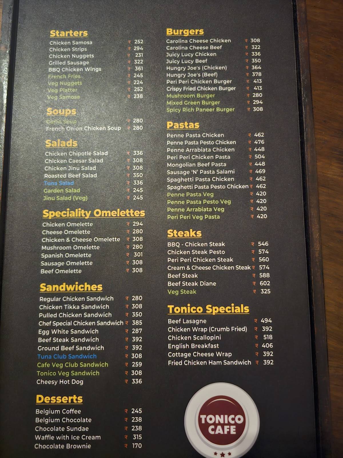 Tonico Cafe menu