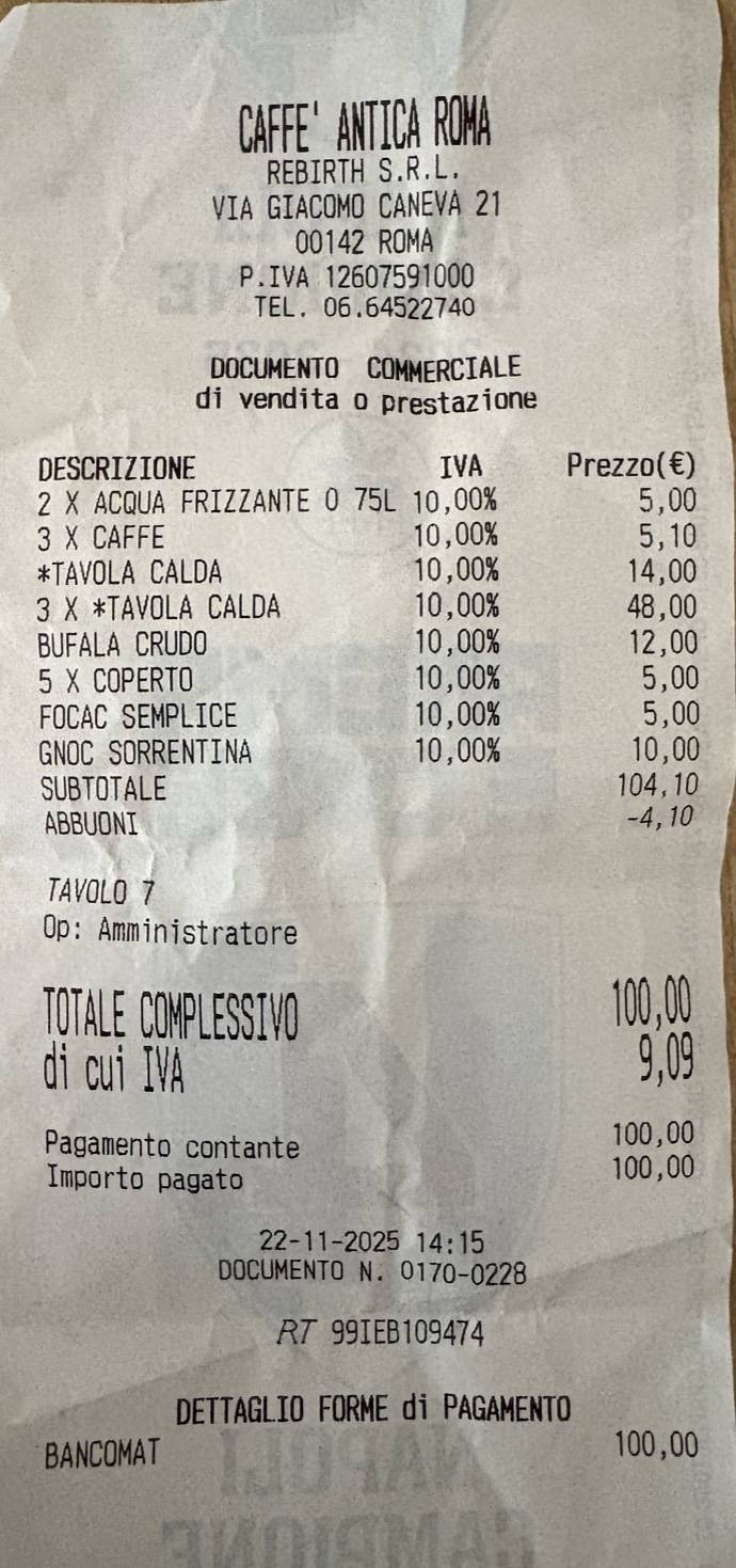Menu de Caffè Antica Roma