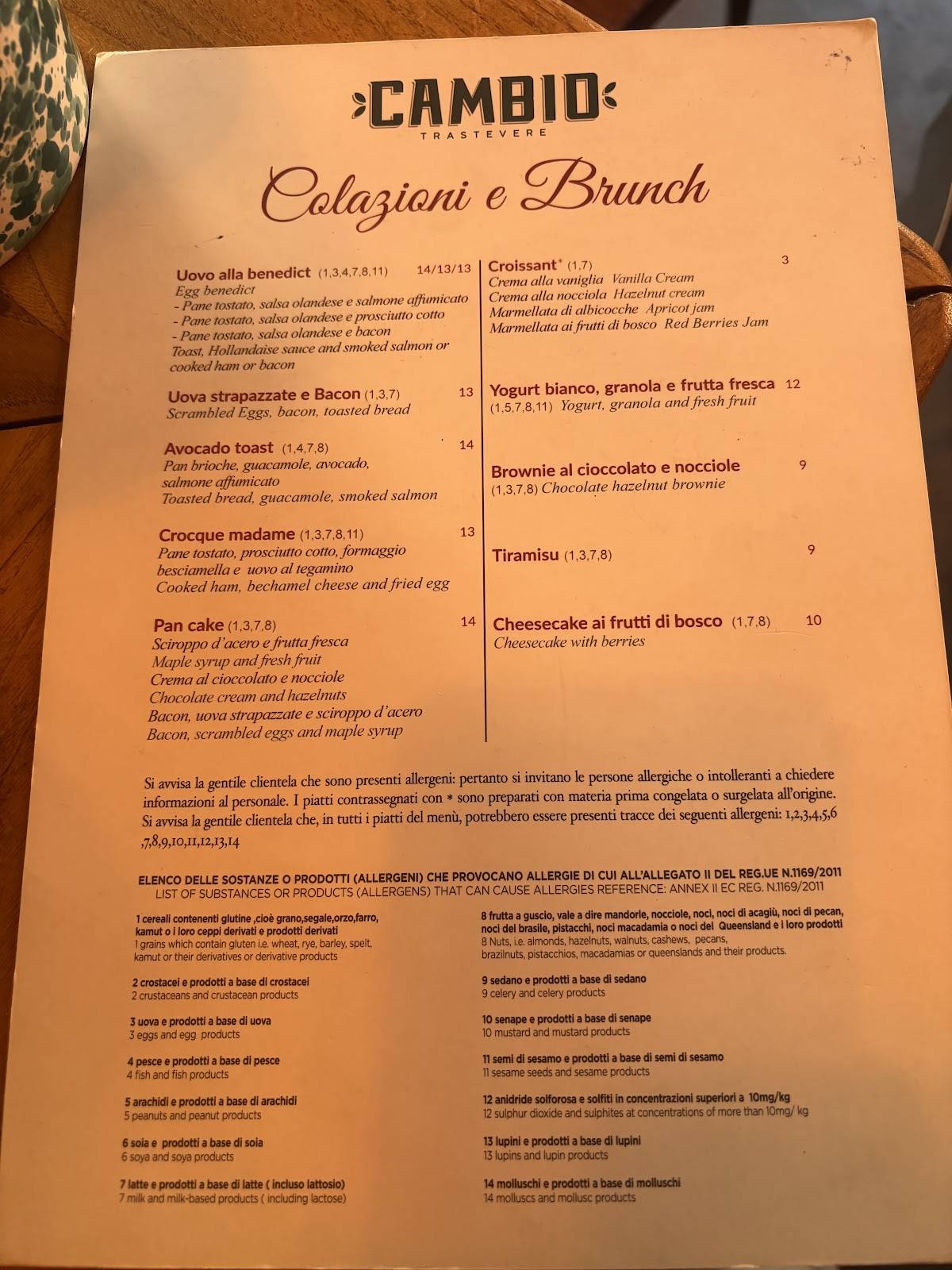 Menu di Cambio Trastevere 