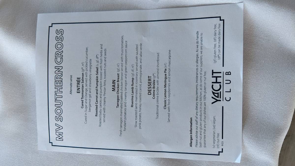 Southern Cross Yacht Club menu