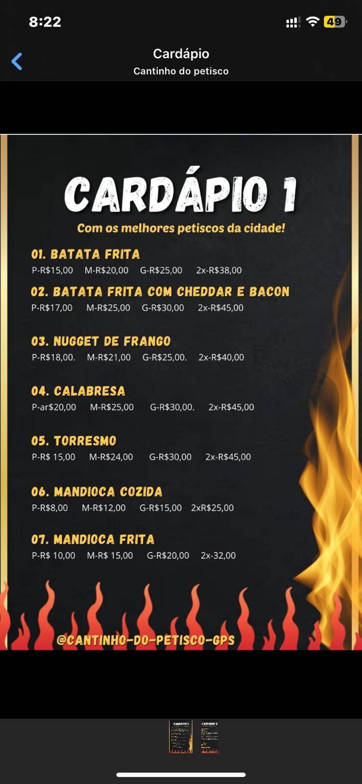 Cantinho do petisco cardápio