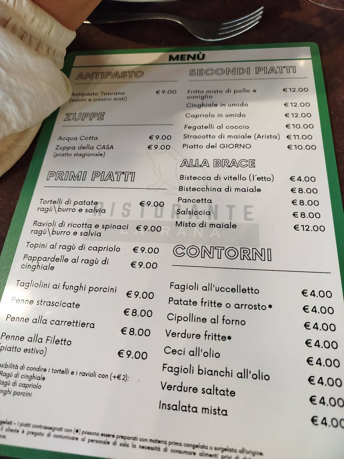 Menu di Canto alla Rana 