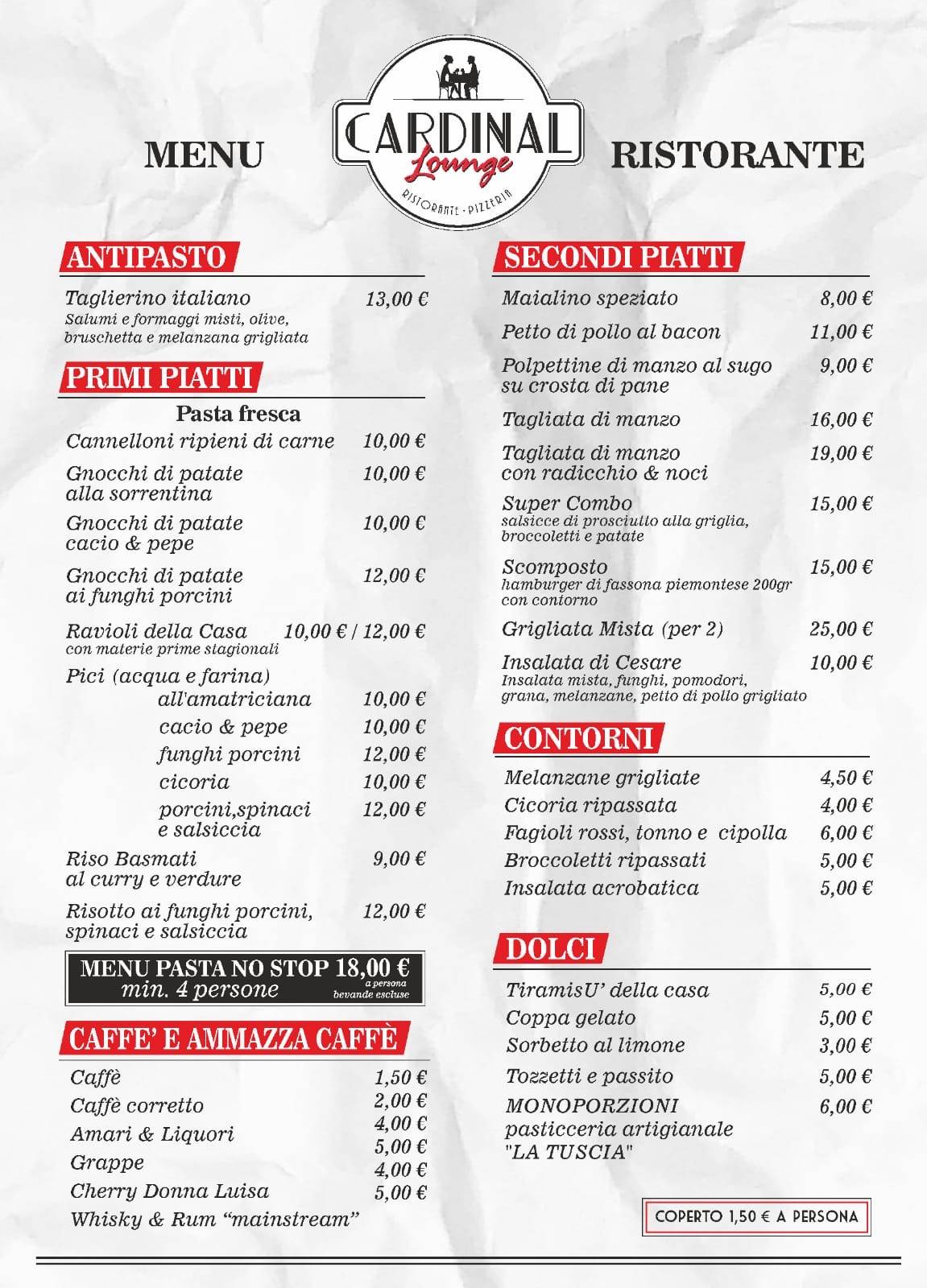 Menu di Cardinal Lounge Risto-Pizza 